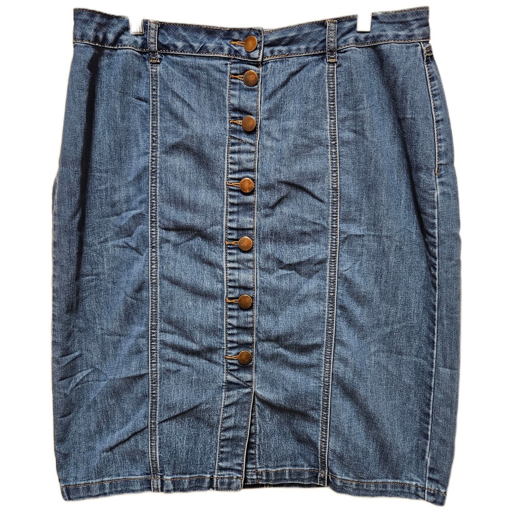 Blue Jean Denim Medium Wash Button Front Midi Pencil/Straight Skirt Size 12‎